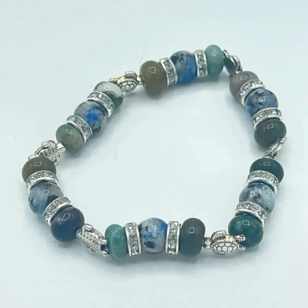 Sea Turtle India agate K2 beaded stretch bracelet ONE NEW crystal reiki yoga med